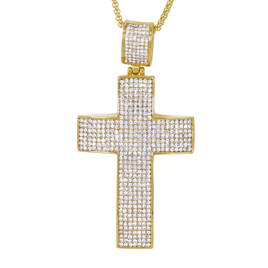 Large Iced Cross Necklace with 3mm Round Box Chain 24" - SCP-3017**
