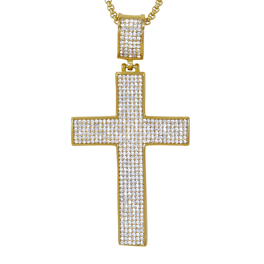 Large Iced Cross Necklace with 3mm Round Box Chain 24" - SCP-3018**