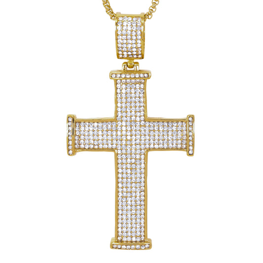 Large Iced Cross Necklace with 3mm Round Box Chain 24" - SCP-3019**