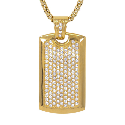 Large Iced Tag Necklace with 3mm Round Box Chain 24" - SCP-3059**