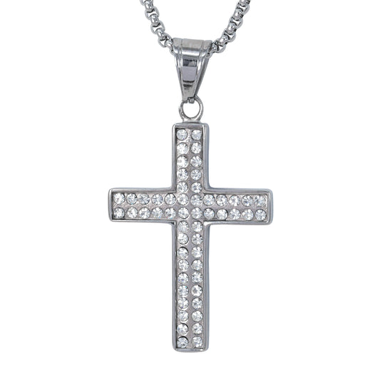 Large Iced Cross Necklace with 3mm Round Box Chain 24" - SCP-3070**