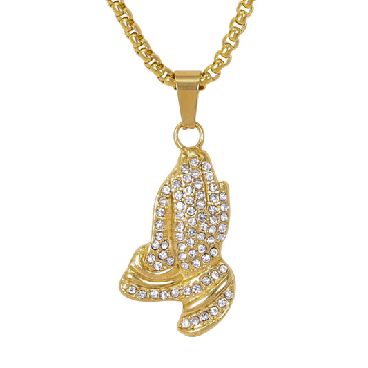 Large Praying Hands Necklace with 3mm Round Box Chain 24" - SCP-3089**
