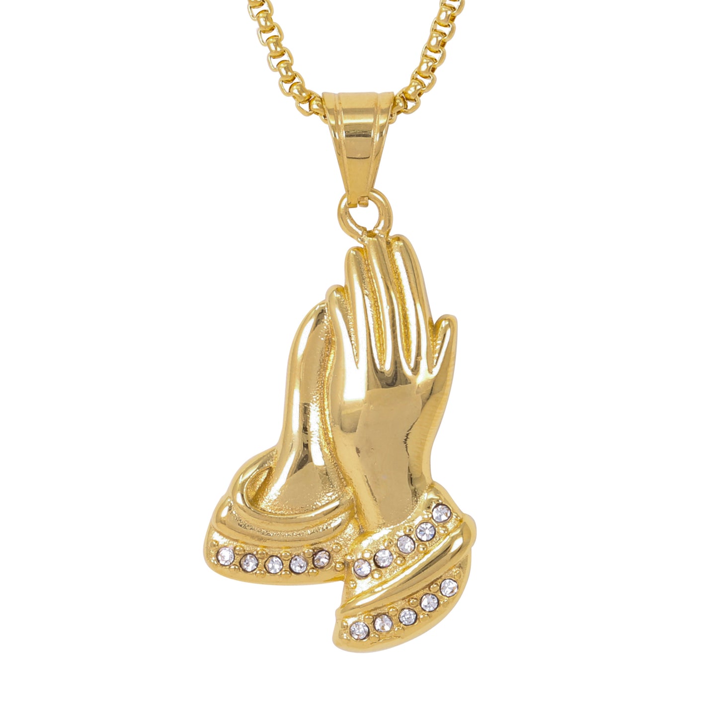 Large Praying Hands Necklace with 3mm Round Box Chain 24" - SCP-3112**