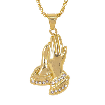 Large Praying Hands Necklace with 3mm Round Box Chain 24" - SCP-3112**