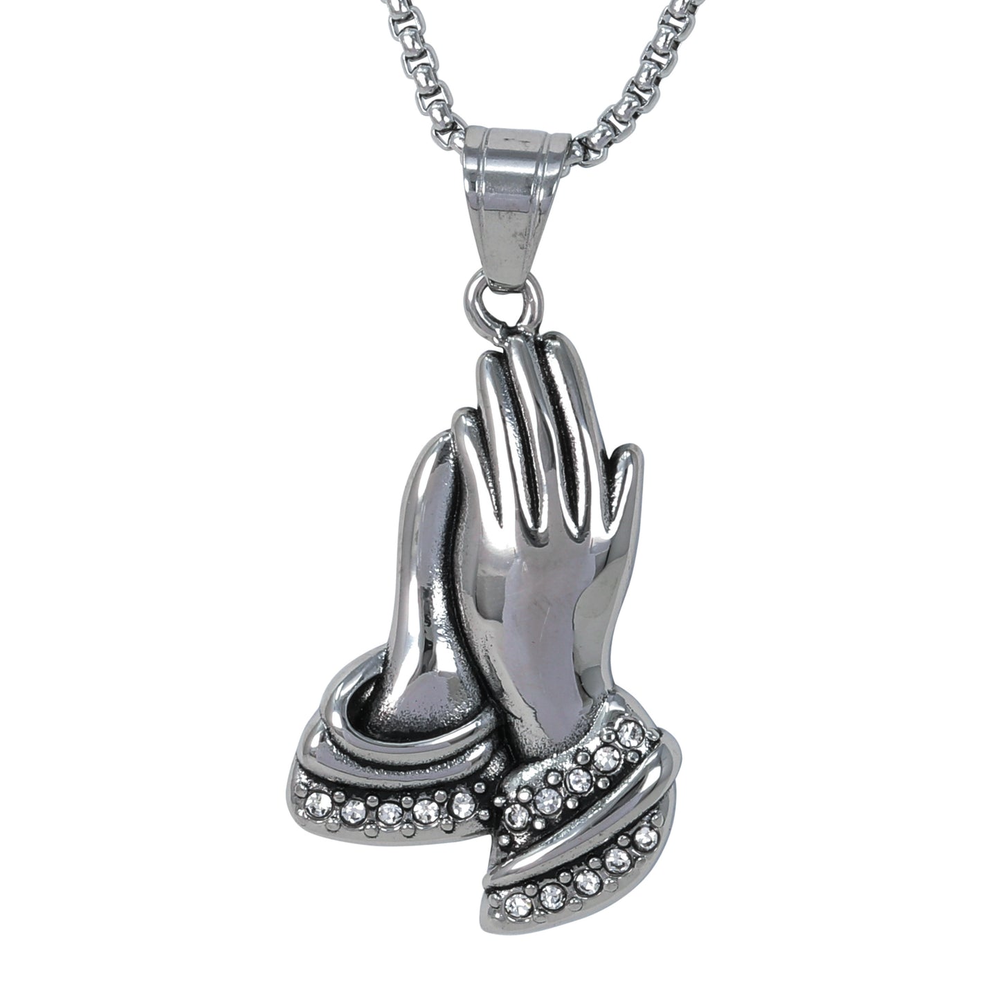 Large Praying Hands Necklace with 3mm Round Box Chain 24" - SCP-3112**