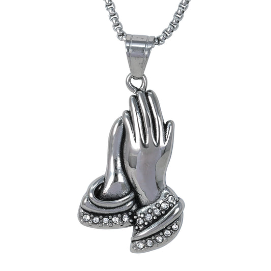 Large Praying Hands Necklace with 3mm Round Box Chain 24" - SCP-3112**