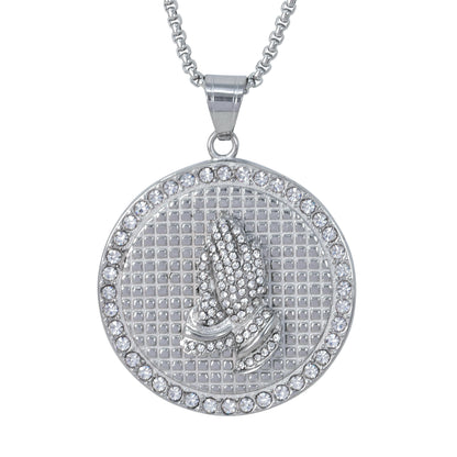 Large Praying Hands Necklace with 3mm Round Box Chain 24" - SCP-3139