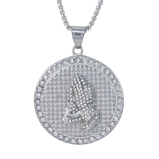Large Praying Hands Necklace with 3mm Round Box Chain 24" - SCP-3139