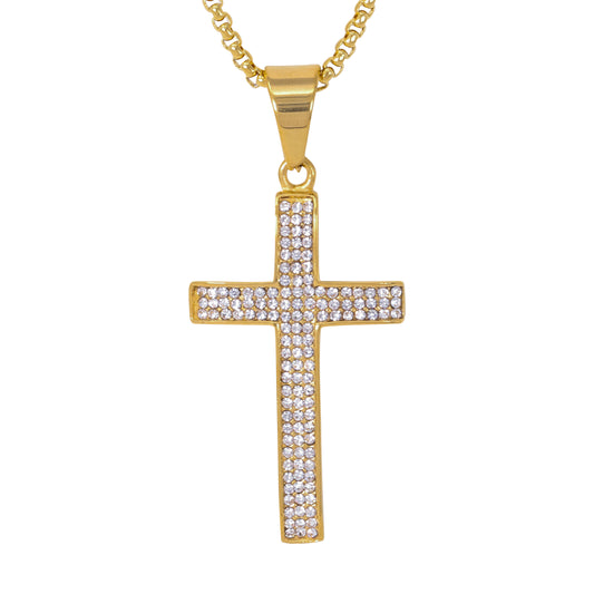 Large Iced Cross Necklace with 3mm Round Box Chain 24" - SCP-3141**
