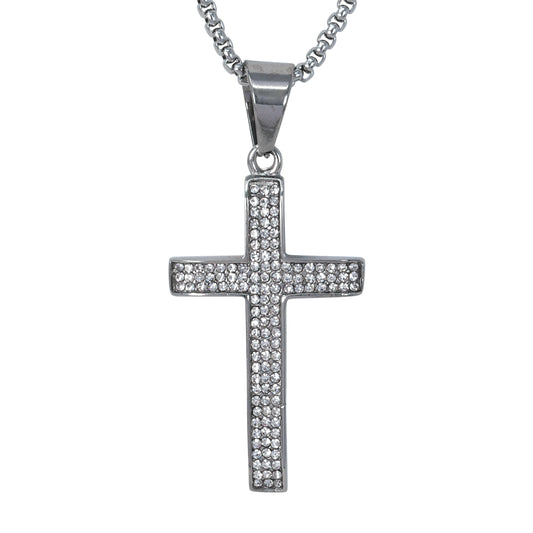 Large Iced Cross Necklace with 3mm Round Box Chain 24" - SCP-3141**