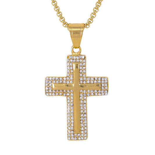 Large Iced Cross Necklace with 3mm Round Box Chain 24" - SCP-3142**