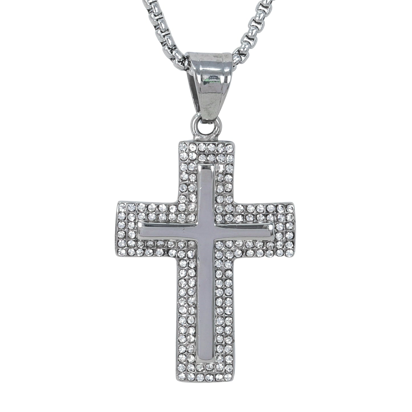 Large Iced Cross Necklace with 3mm Round Box Chain 24" - SCP-3142**