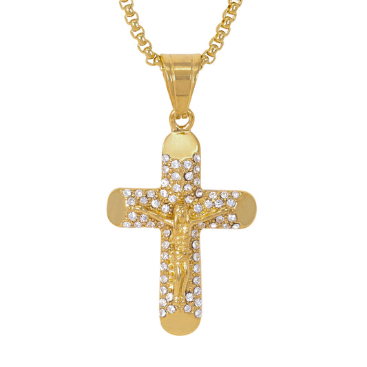 Large Iced Crucifix Necklace with 3mm Round Box Chain 24" - SCP-3143**