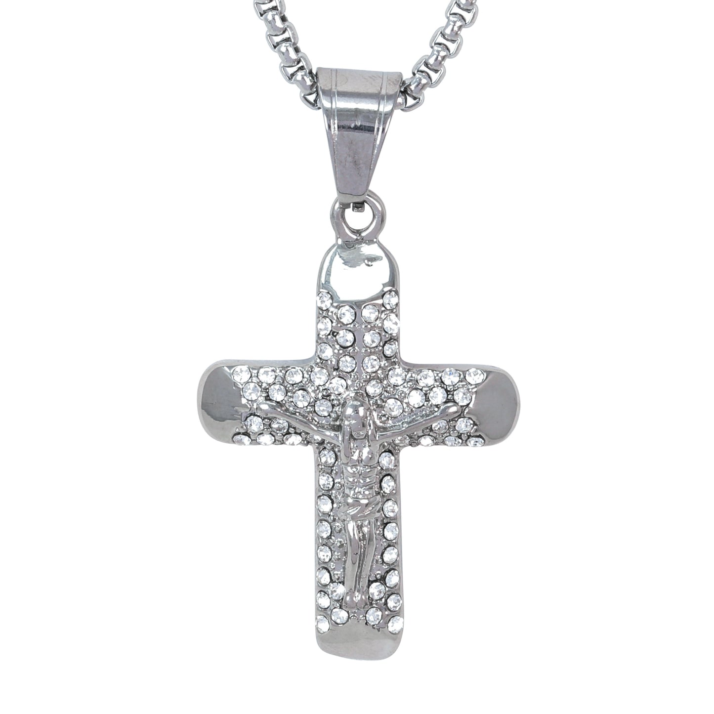 Large Iced Crucifix Necklace with 3mm Round Box Chain 24" - SCP-3143**
