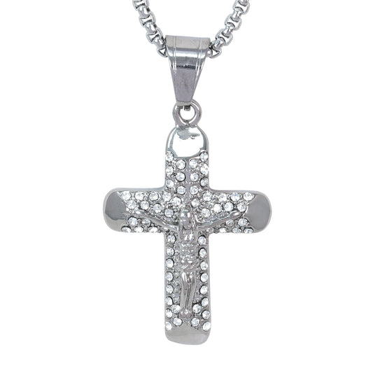 Large Iced Crucifix Necklace with 3mm Round Box Chain 24" - SCP-3143**