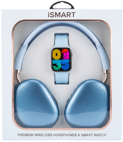 Smart Watch & Wireless Headphones Gift Set SMHP-201 — White/Blue
