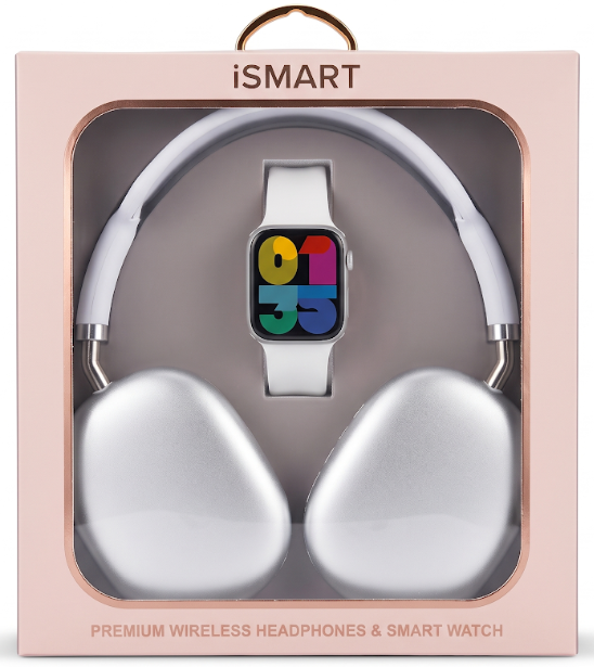 Smart Watch & Wireless Headphones Gift Set SMHP-201 — White/Silver