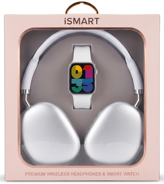 Smart Watch & Wireless Headphones Gift Set SMHP-201 — White/Silver