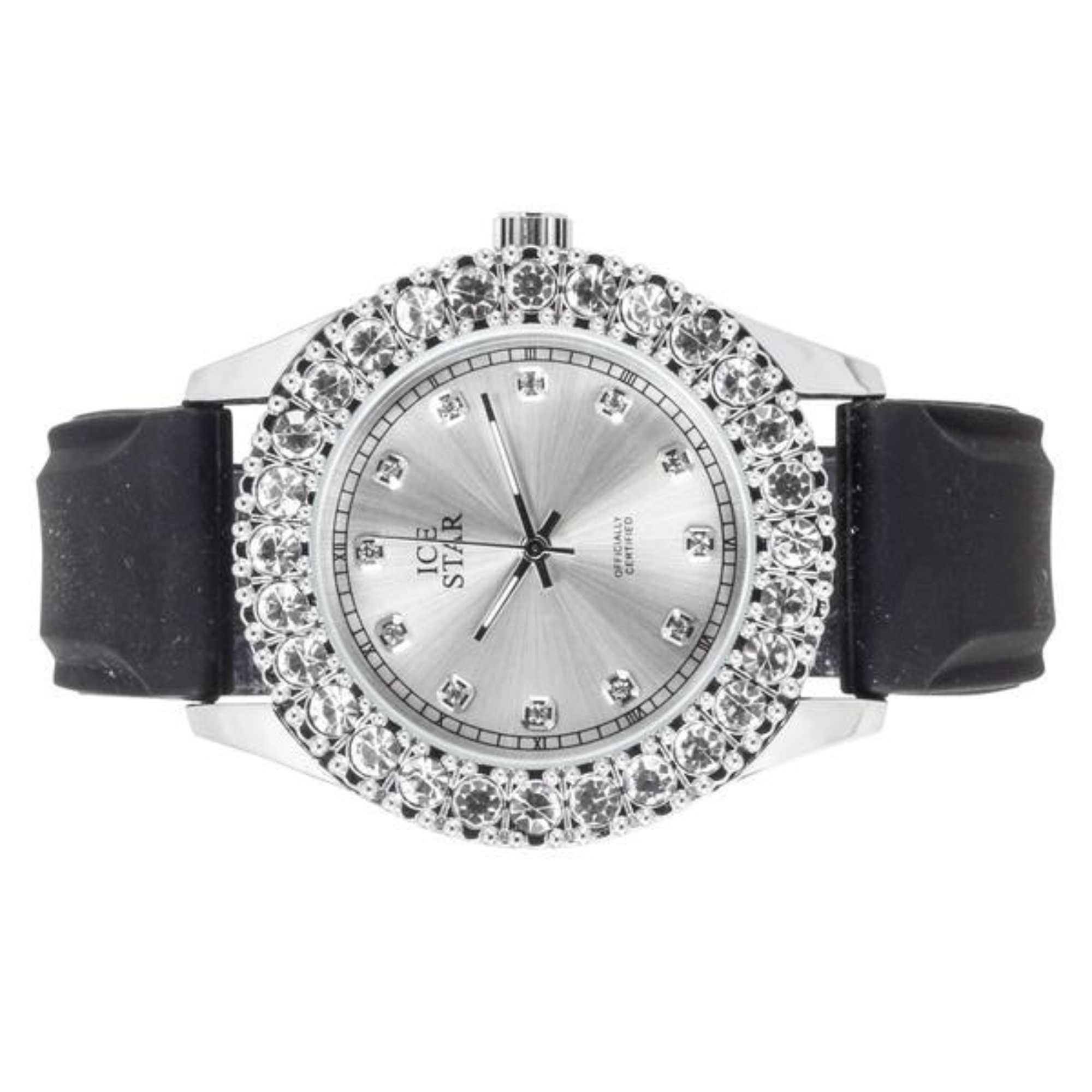 Men's Round Iced Out Watch 44mm Silver - Silicone Band