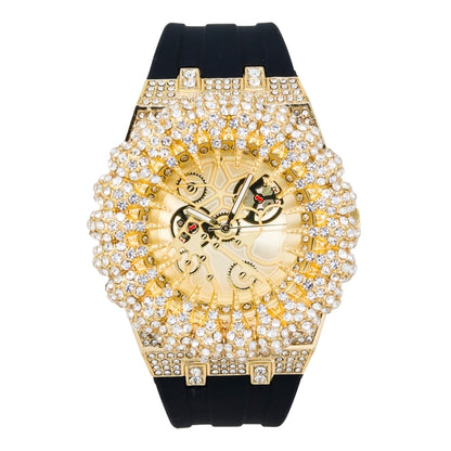 Luxury gold watch with black strap on a white background