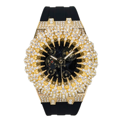 Luxury watch with gold and black design on a white background