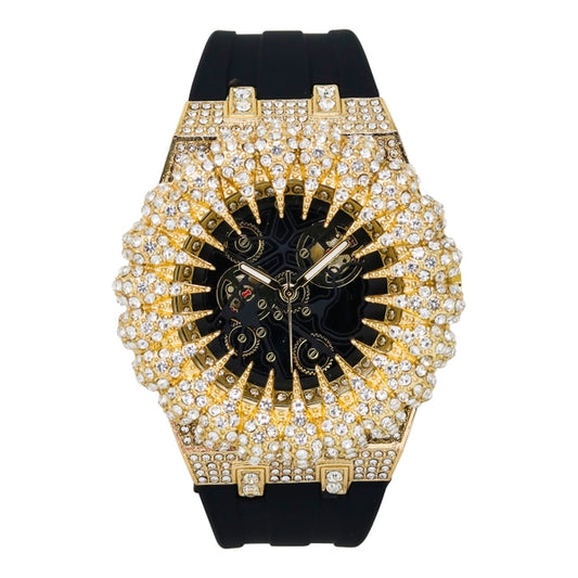 Luxury watch with gold and black design on a white background