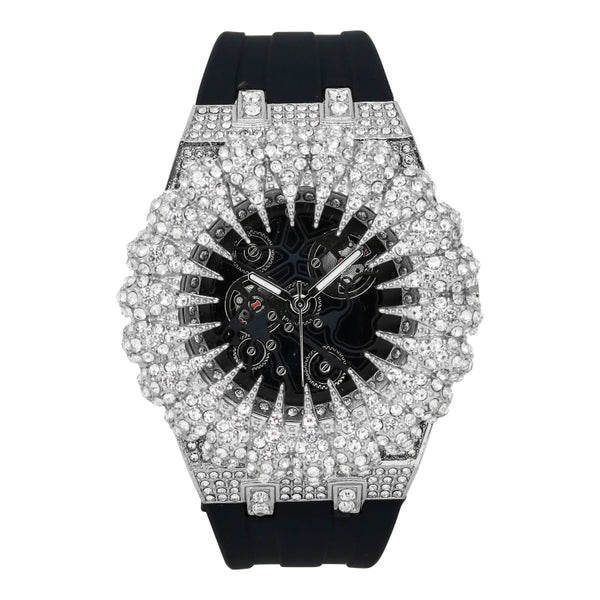 Luxury watch with diamond-studded face and black strap on white background