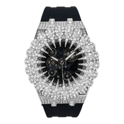 Luxury watch with diamond-studded face and black strap on white background