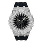 Luxury watch with diamond-studded face and black strap on white background