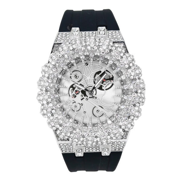 Luxury watch with diamond-studded face and black band on white background