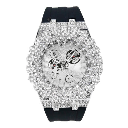 Luxury watch with diamond-studded face and black band on white background