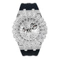 Luxury watch with diamond-studded face and black band on white background