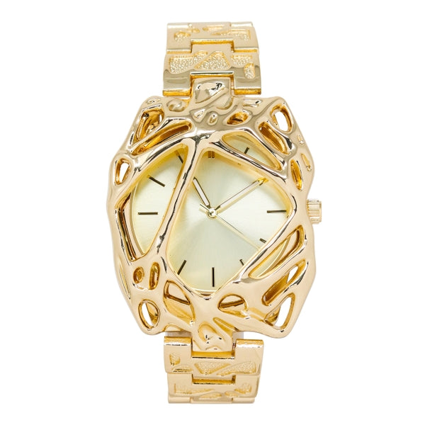 Gold watch with intricate design on a white background
