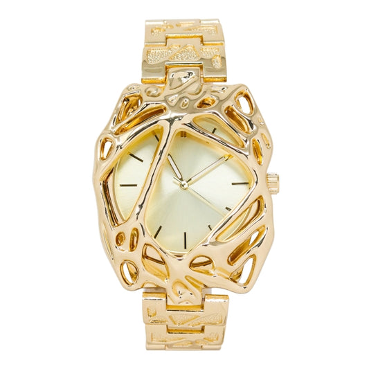 Gold watch with intricate design on a white background