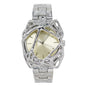Silver watch with intricate design on a white background