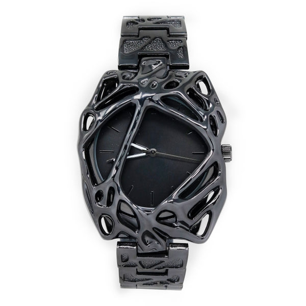 Black geometric watch on a white background