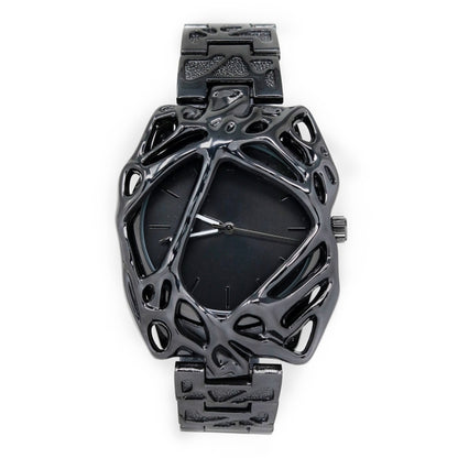 Black geometric watch on a white background