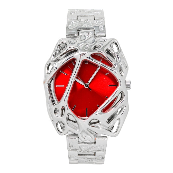 Silver watch with a red face on a white background