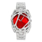 Silver watch with a red face on a white background
