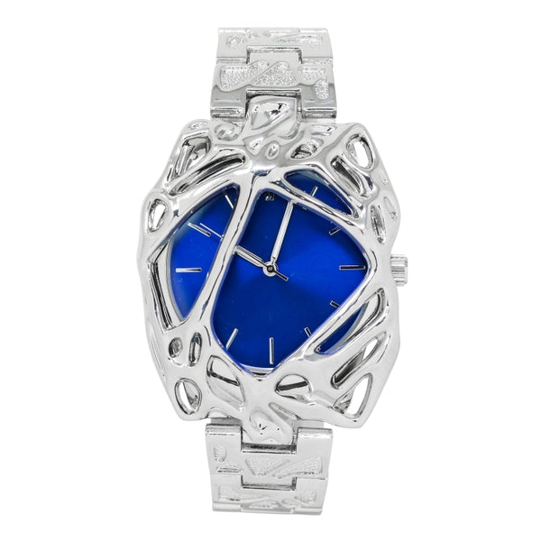 Silver watch with a blue face on a white background