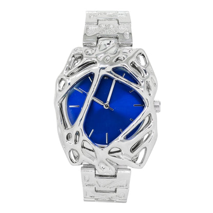 Silver watch with a blue face on a white background