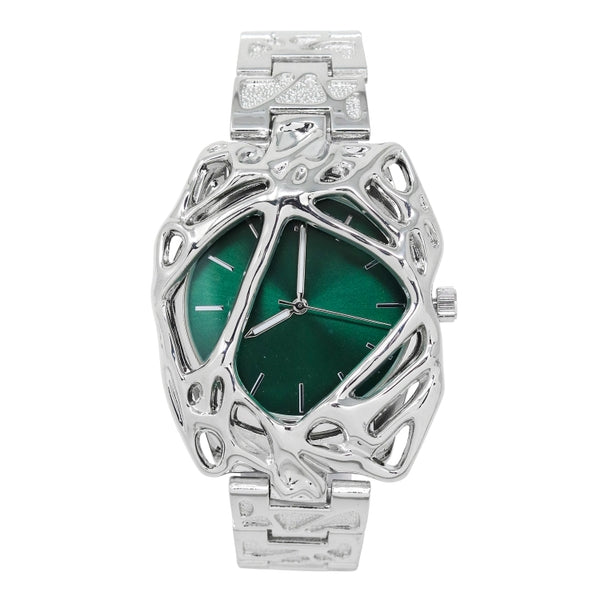 Silver watch with green face on a white background