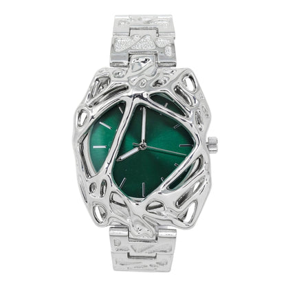Silver watch with green face on a white background