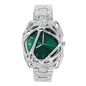 Silver watch with green face on a white background
