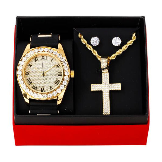 Watch and Iced Out Cross Pendant Necklace with Earrings Gift Set - W1K-101