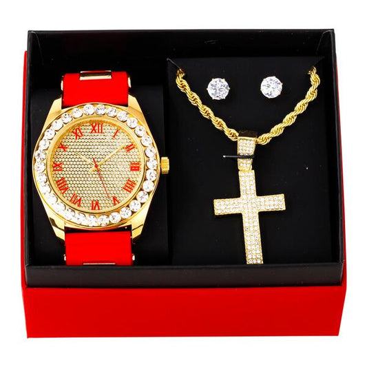 Watch and Iced Out Cross Pendant Necklace with Earrings Gift Set - W1K-101