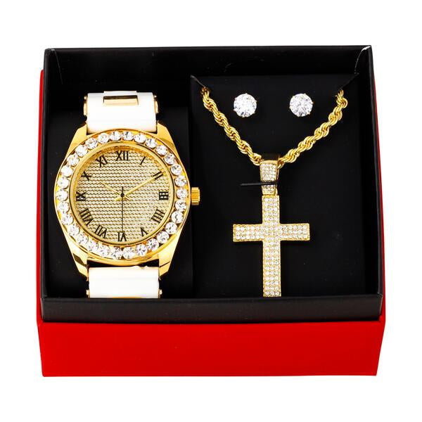 Watch and Iced Out Cross Pendant Necklace with Earrings Gift Set - W1K-101