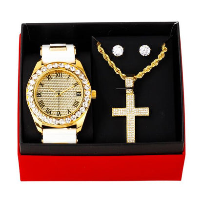 Watch and Iced Out Cross Pendant Necklace with Earrings Gift Set - W1K-101