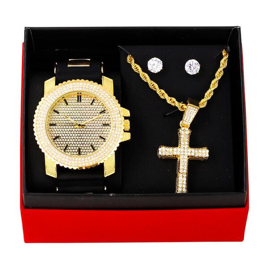 Watch and 2 Layer Cross Pendant Necklace with Earrings Gift Set - W1K-102