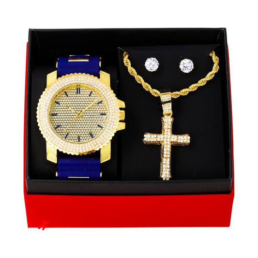Watch and 2 Layer Cross Pendant Necklace with Earrings Gift Set - W1K-102